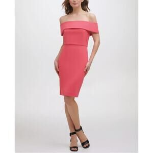 CALVIN KLEIN Womens Coral Waistline Seam Fold Over Short Sleeve Sheath Dress 2
